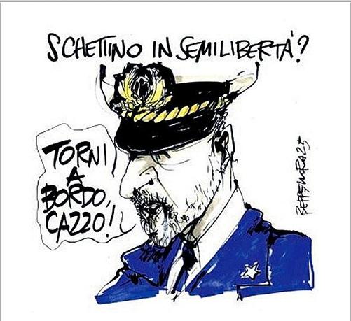 Schettino in semilibertà?

Nel disegno, De Falco pronuncia la celebre frase: "Torni a bordo, cazzo!"