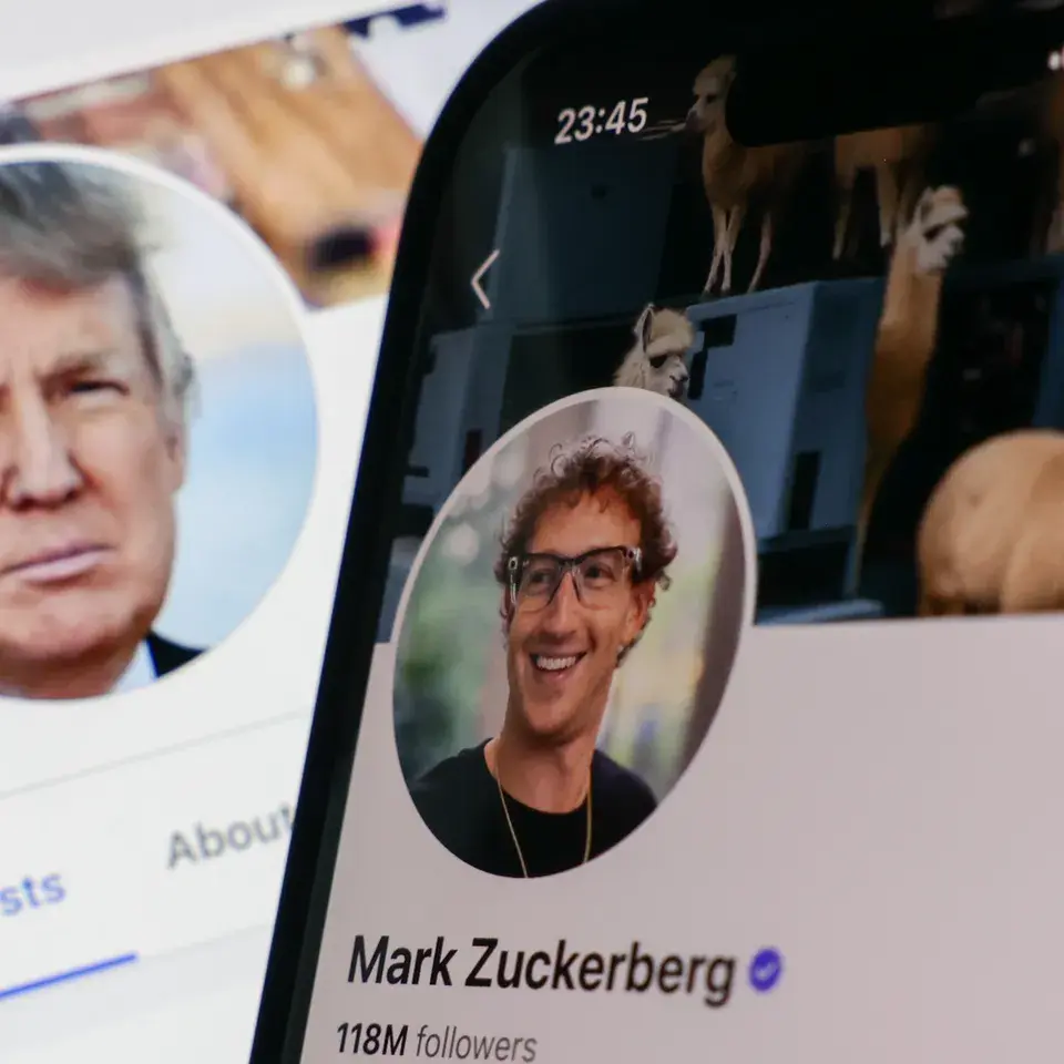 
Donald Trump Facebook account displayed on a laptop screen and Mark Zuckerberg account on Facebook displayed on a phone screen are seen in this illustration photo taken in Krakow, Poland on January 7, 2025. (Photo by Jakub Porzycki/NurPhoto via Getty Images)NurPhoto/Getty Images