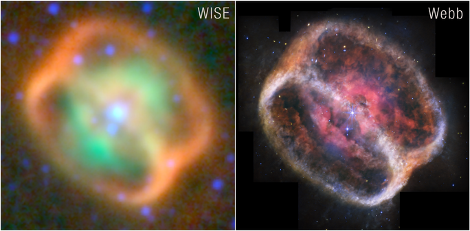 Due viste all'infrarosso di NGC 1514. A sinistra, un'osservazione del Wide-field Infrared Survey Explorer (WISE) della NASA. A destra, un'immagine più raffinata del James Webb Space Telescope della NASA.