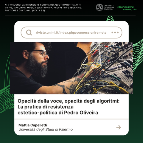 
Capelletti, M. (2024). Opacity of the voice, opacity of the algorithms: Pedro Oliveira’s aesthetico-political resistance practice. Connessioni Remote. Artivismo_Teatro_Tecnologia, (8). https://doi.org/10.54103/connessioni/26615
