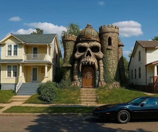 Nella fotografia, una casa con le fattezze del Castello di Grayskull.