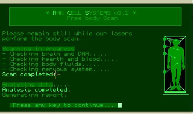 This screenshot shows the Institute terminal while is scanning the player, it's a textual interface but on the right there is also a human body in graphics mode.