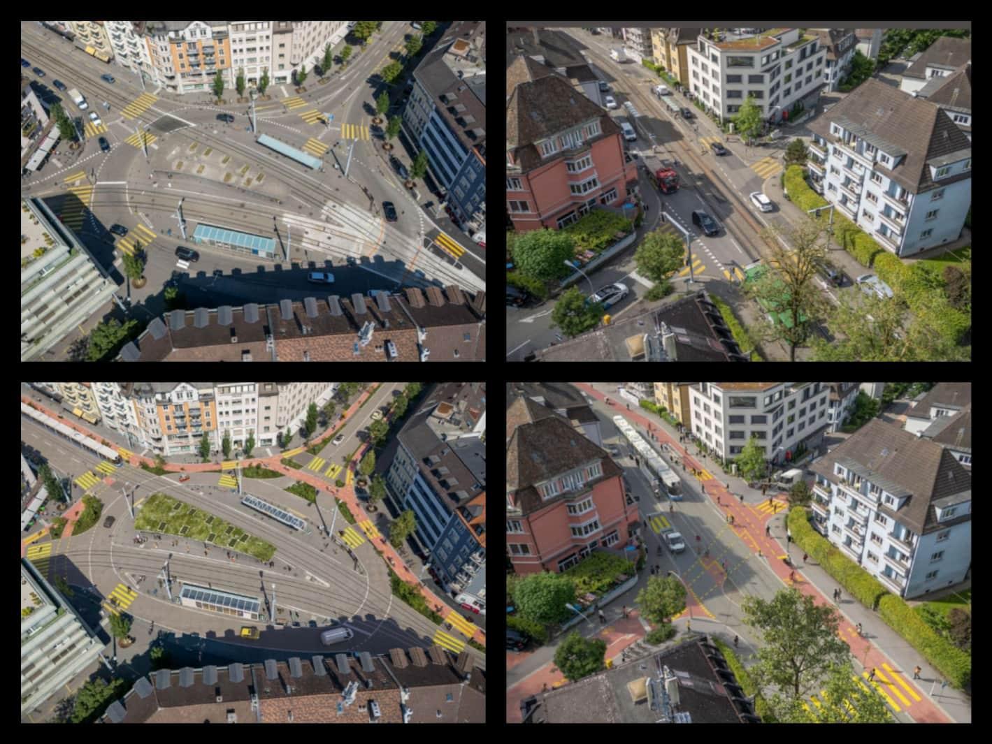 Una foto divisa in 4. Sopra due luoghi di Zurigocome sono adesso, sotto come diventerebbero. A sinistra un grosso incrocio/piazza con 2 linee do tram viene trasformato riducendo lo spazio per le auto e aggiungendouna rete di ciclabili.

A destra un viale con tram e strada a doppio senso viene trasformata in una strada a senso unico più una larga ciclabile