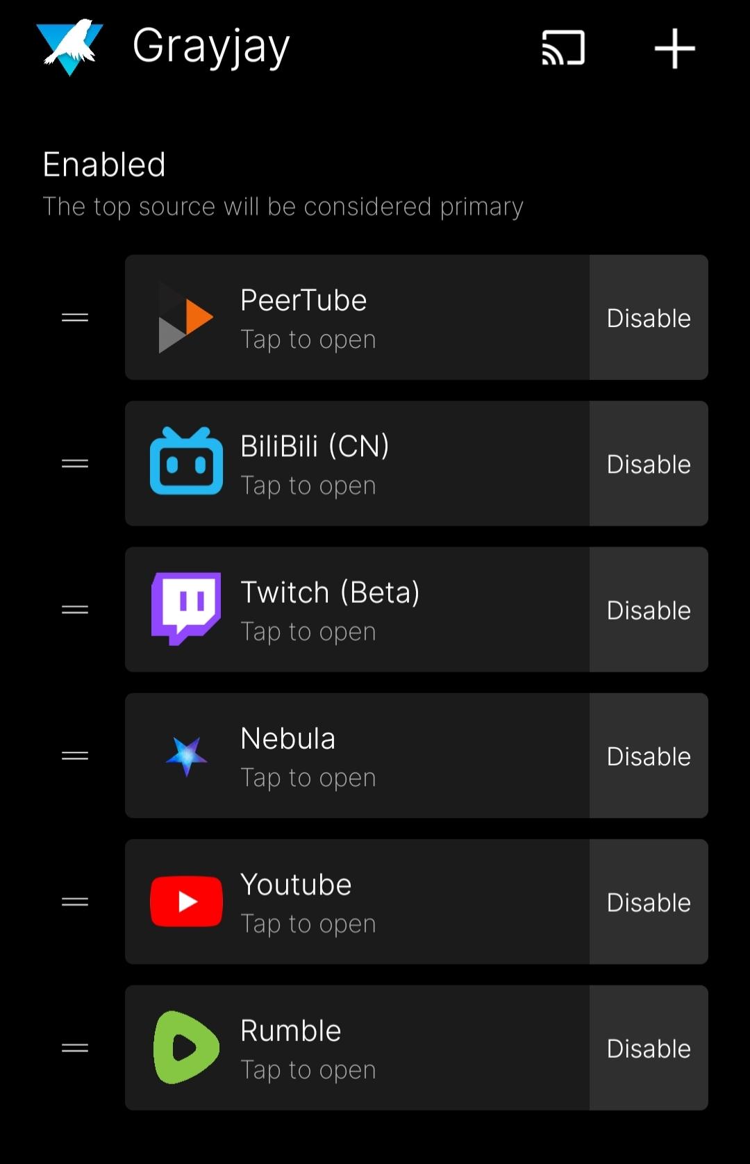 screenshot dell' app Grayjay con una lista di plugins che definisce le piattaforme dai quali contenuti l'app fa ricerca.