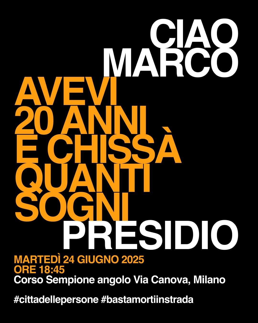Grafica del presidio, scritte aranciomi su sfondo nero. Stesse informazioni del toot