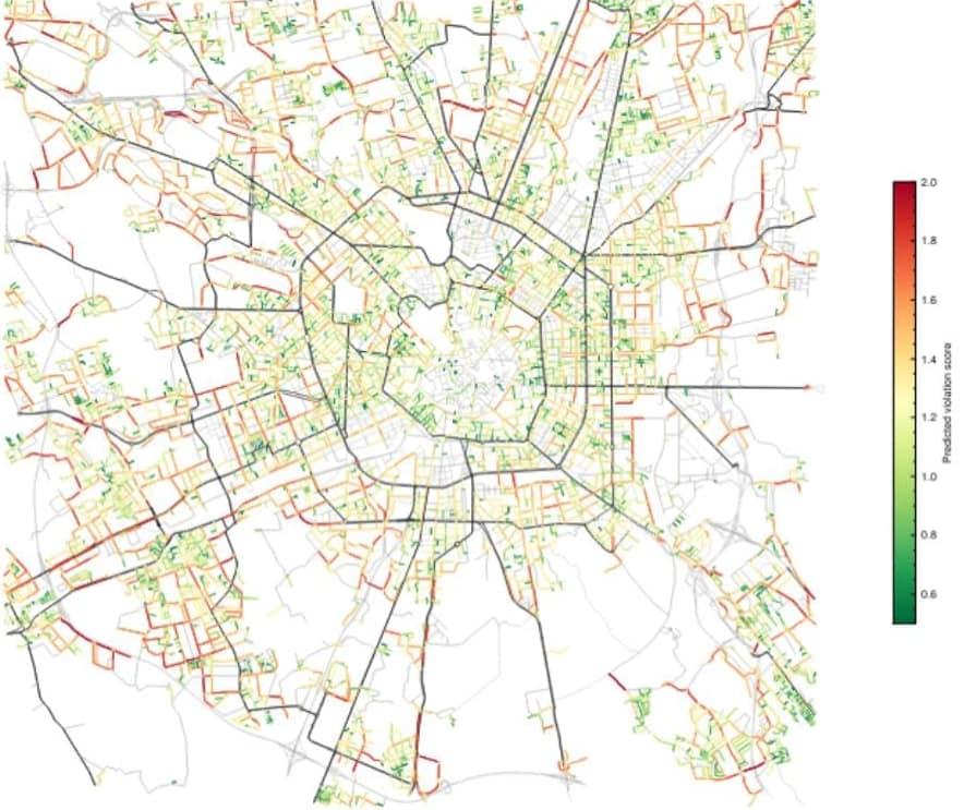 Predicted speed 85th speed percentile with city-wide adoption of limit at 30 km/h