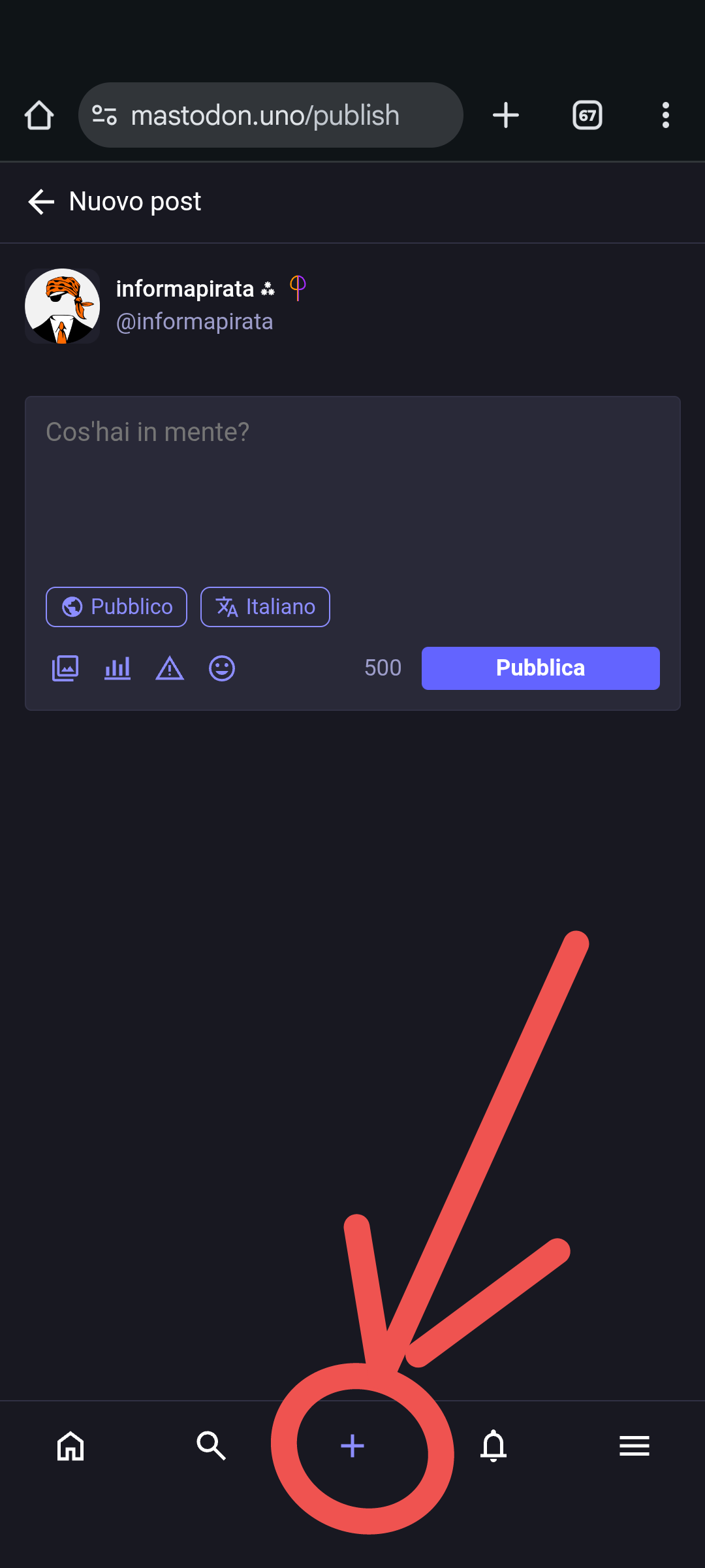 Come creare un nuovo messaggio dall'interfaccia mobile di mastodon
