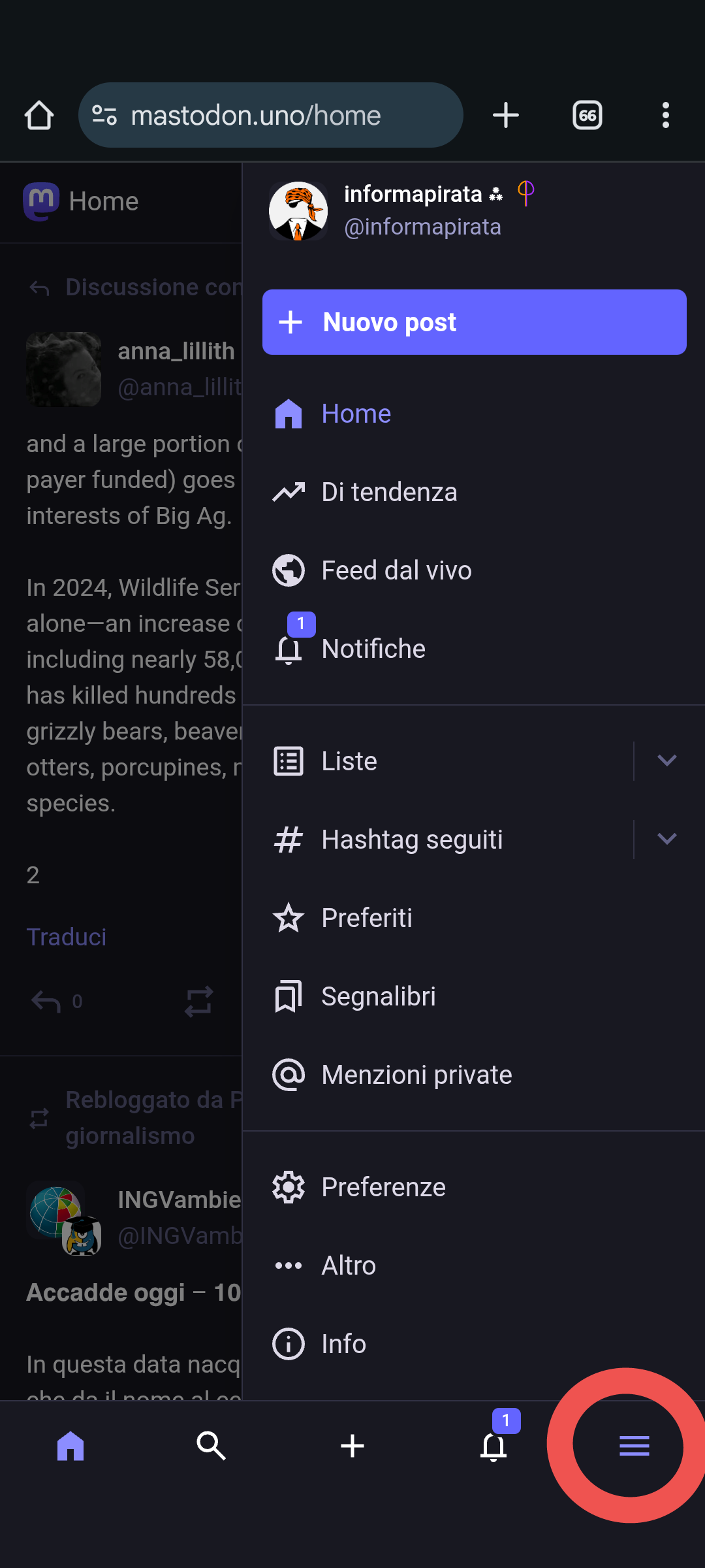 La nuova barra laterale di navigazione si apre cliccando sull'icona del menu in basso a destra