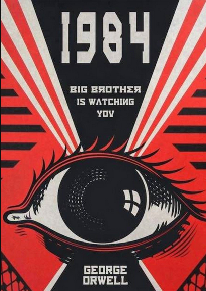 Immagine del libro di George Orwel intitolato 1984, al centro c'è un grande occhio su sfondo rosso con varie linee parallele nere e bianche e con le seguenti scritte: 1984 Big Brother is watching you George Orwell