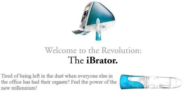 Una finta foto pubblicitaria di un vibratore carrozzato come il computer iMac, reclamizzato come i-brator
