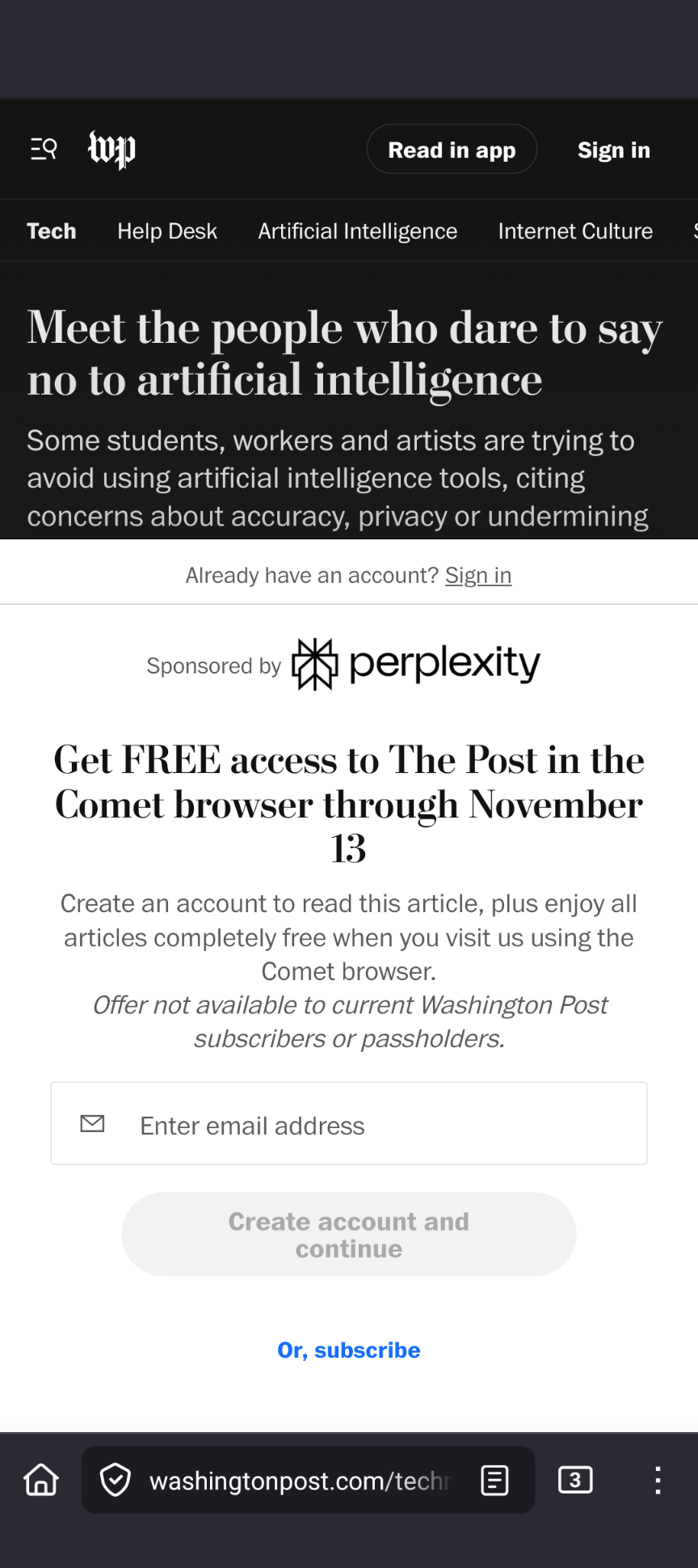 Screenshot dell'articolo sponsorizzato da perplexity