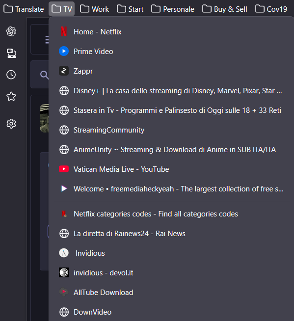 Screenshot del menu dei preferiti di Firefox