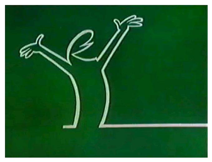 L'omino de "la Linea". Il personaggio è un omino stilizzato disegnato a linea continua bianca su fondo verde. Ha le braccia alzate, le mani aperte e sorride.