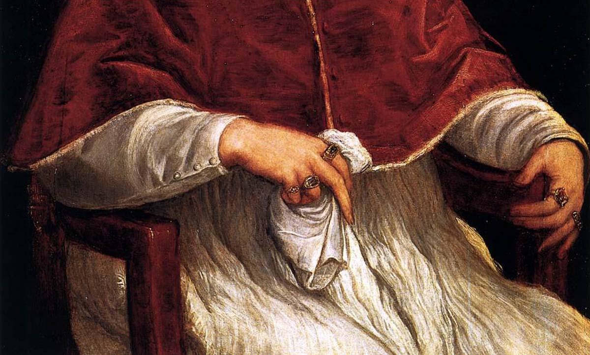 Particolare del ritratto di papa Giulio II dipinto da Tiziano