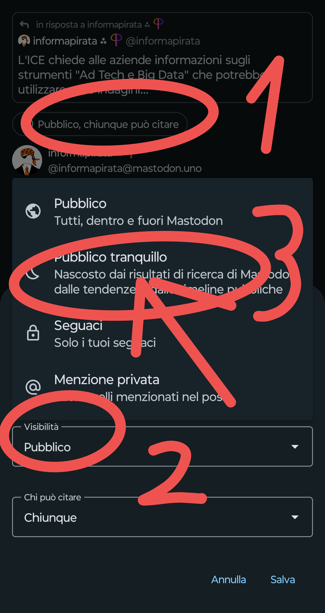 Come selezionare nella risposta a un post la visibilità silenziosa dalla app Android sviluppata dal Team di mastodon