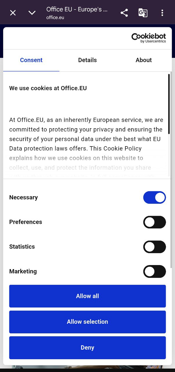 Screenshot del sito di Office EU con un popup per l'accettazione dei cookie.