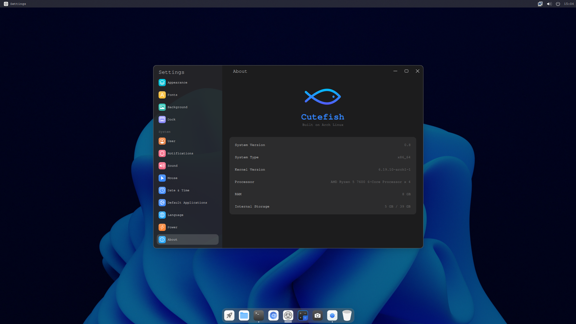 cutefish DE in esecuzione su arch