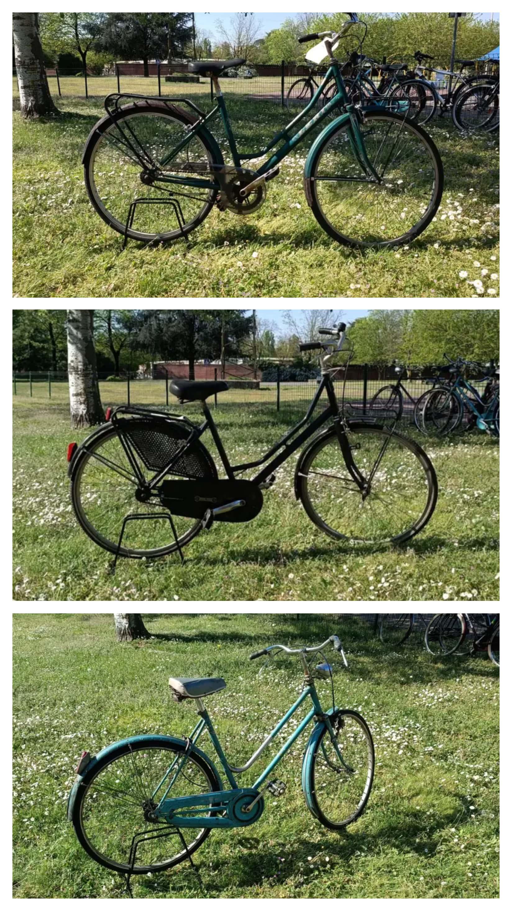 Immagine composta da 3 foto di 3 biciclette, ciascuna fotografata su un prato Dall'alto al basso: - bici tipo olandese a tubo basso colore verde - bici tipo olandese a tubo basso colore nero - bici tipo olandese a tubo basso colore verde smeraldo