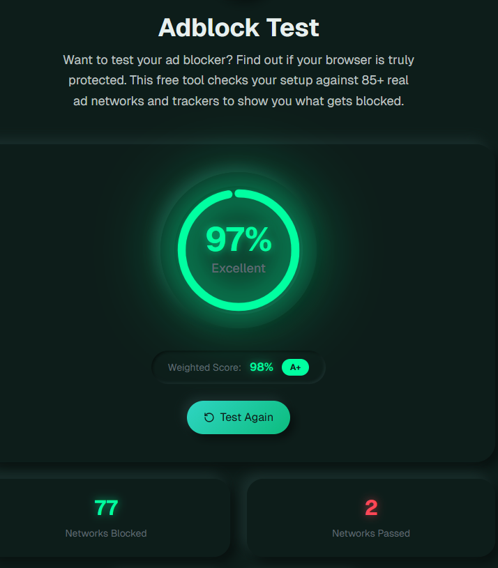 schermata di risultato del sito adblocktest