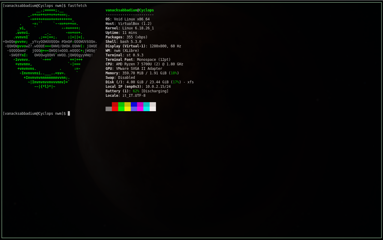 Uno screenshot di un terminale con il logo in ASCII di Void Linux e le caratteristiche hardware/software in funzione