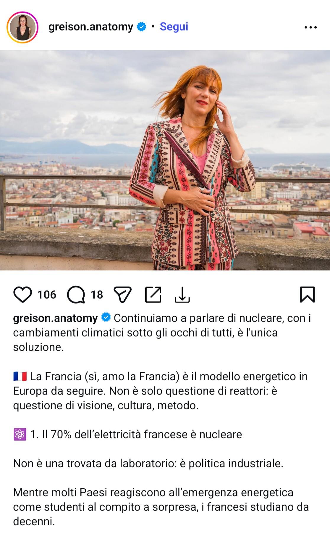 @greison.anatomy E Continuiamo a parlare di nucleare, con i cambiamenti climatici sotto gli occhi di tutti, è l'unica soluzione. La Francia (sì, amo la Francia) è il modello energetico in Europa da seguire. Non è solo questione di reattori: è questione di visione, cultura, metodo. 1. Il 70% dell'elettricità francese è nucleare. Non è una trovata da laboratorio: è politica industriale. Mentre molti Paesi reagiscono all'emergenza energetica come studenti al compito a sorpresa, i francesì studiano da decenni.