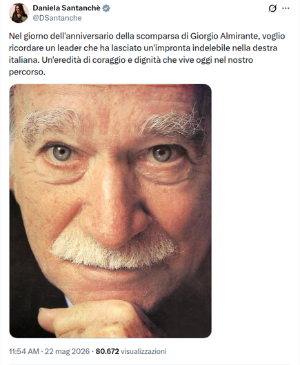 Post X di Daniela Santanchè che festeggia anniversario di Giorgio Almirante