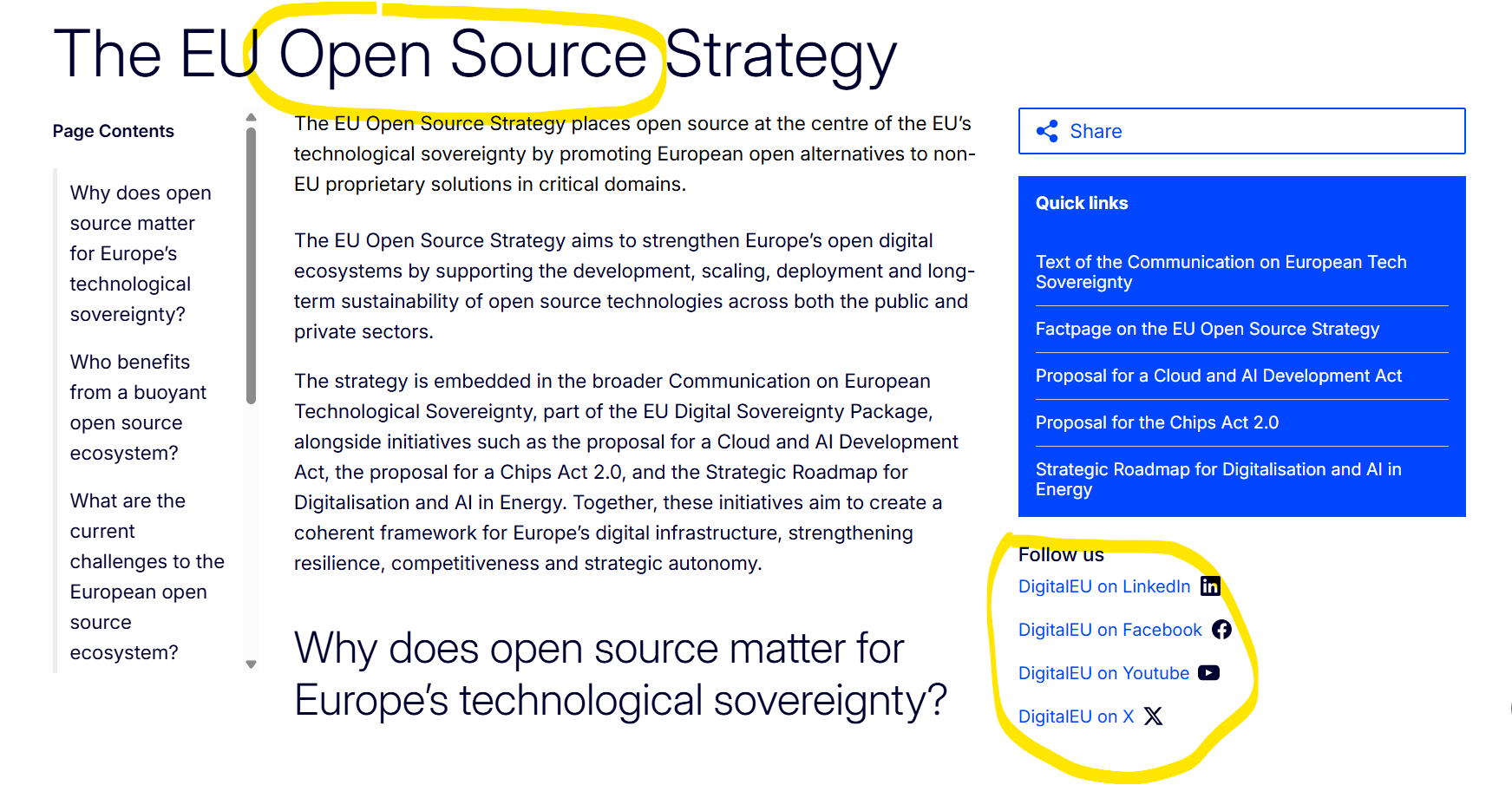 L'immagine della pagina web ' the EU open source strategy' con evidenziati i 4 canali social possibili: LinkedIn, facebook, YouTube e x