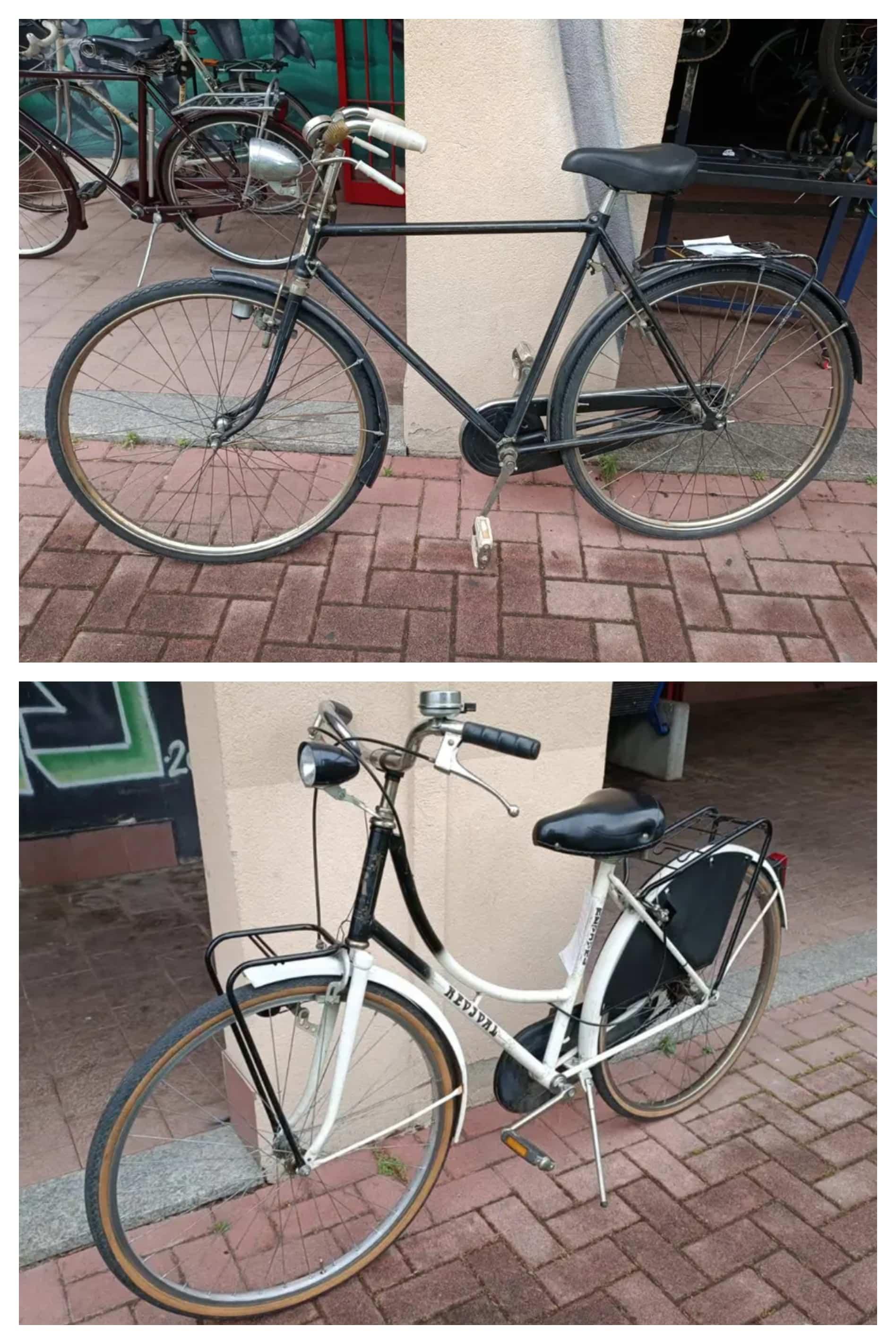 2 foto due bici nella stessa immagine sopra: una bici classica "da uomo" con telaio nero sotto: una bici "olandese" con telaio bianco e dettagli neri