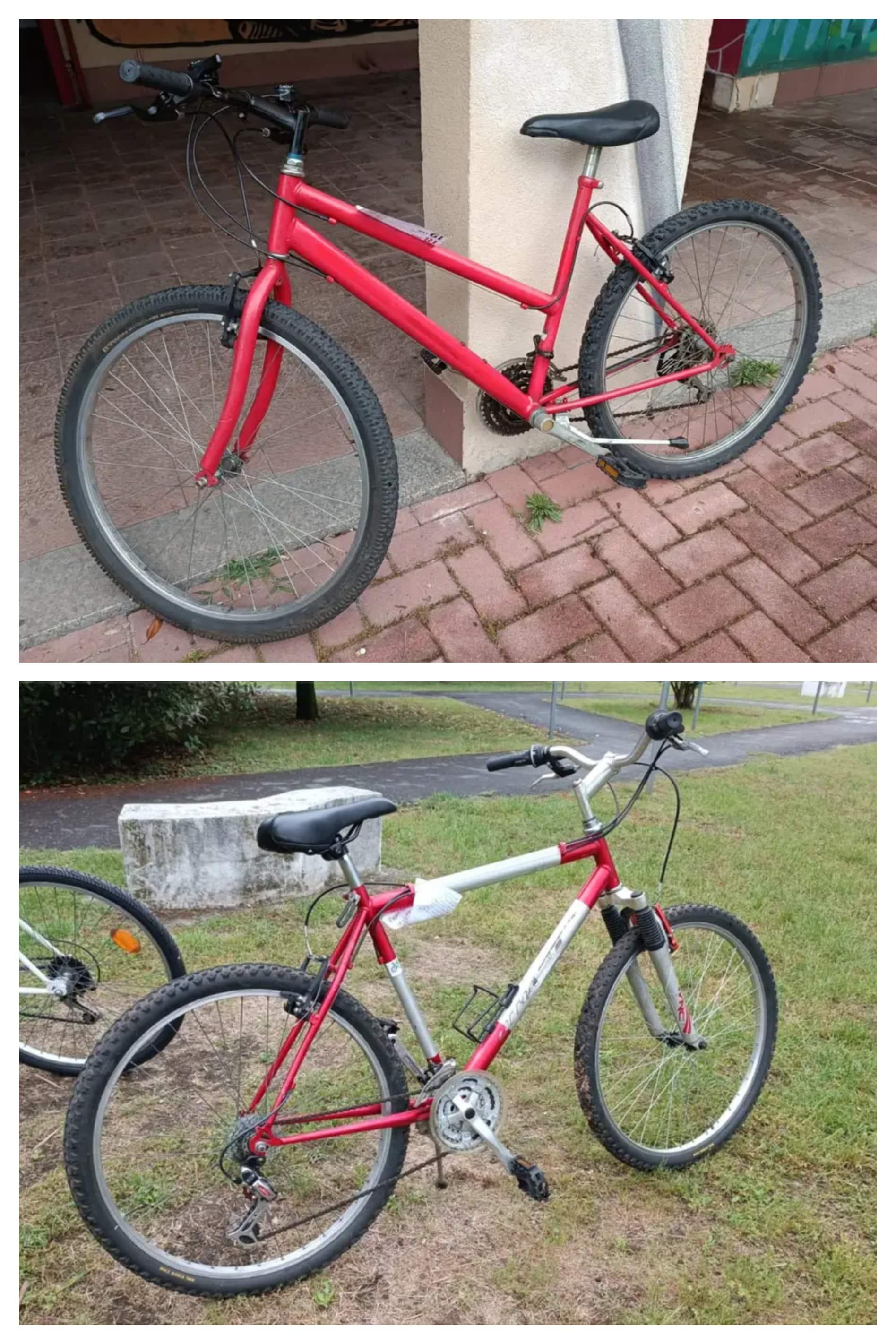 2 foto due bici nella stessa immagine sopra: mountain bike senza sospensioni con telaio "unisex" rosso sotto: una mountain bike senza sospensioni con telaio rosso e bianco
