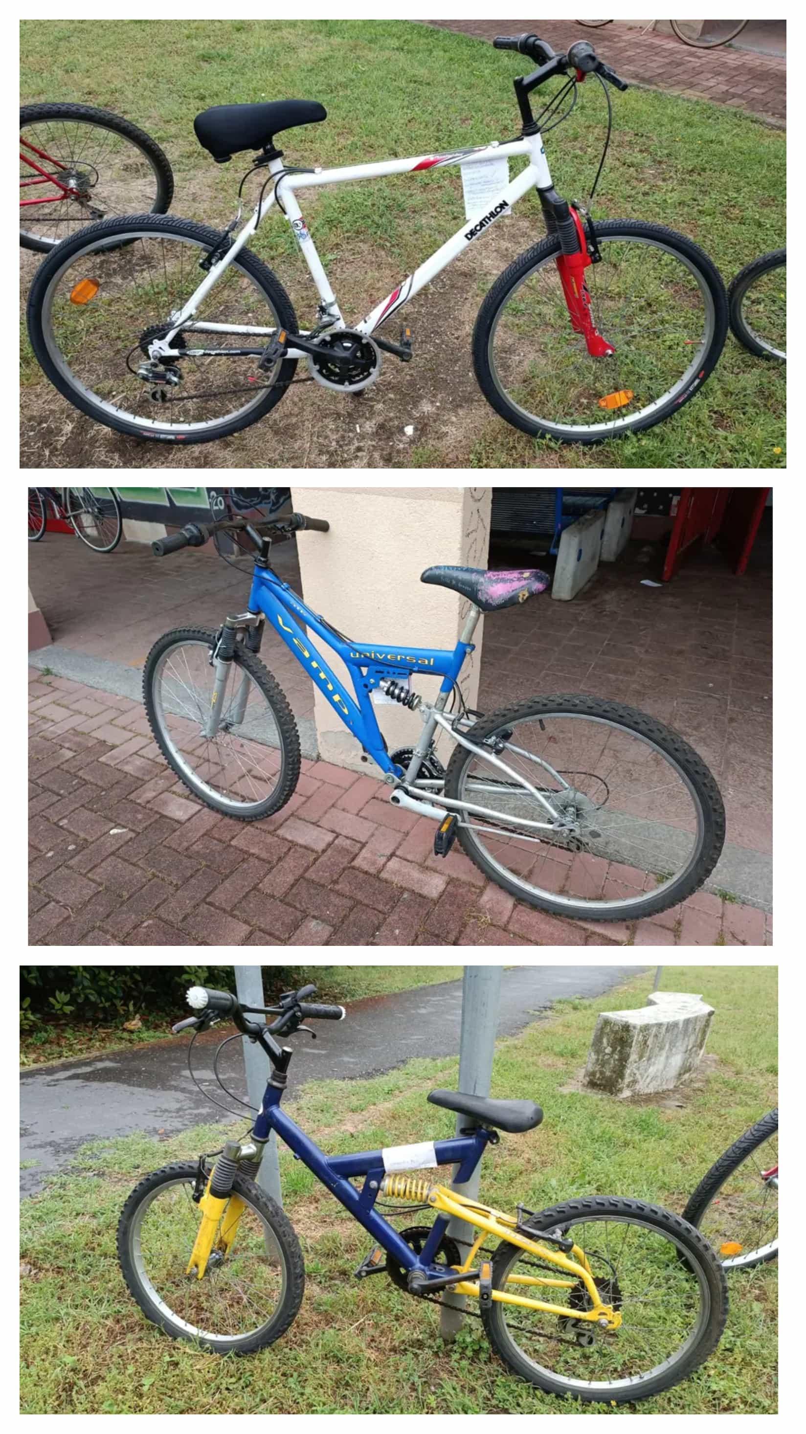 3 foto due bici nella stessa immagine sopra: una mountain bike con forcella anteriore ammortizzata rossa e telaio bianco in mezzo: una mountain bike "full suspension" con telaio blu chiaro sotto: una mountain bike da ragazzo full suspension da 24" con telaio blu e giallo
