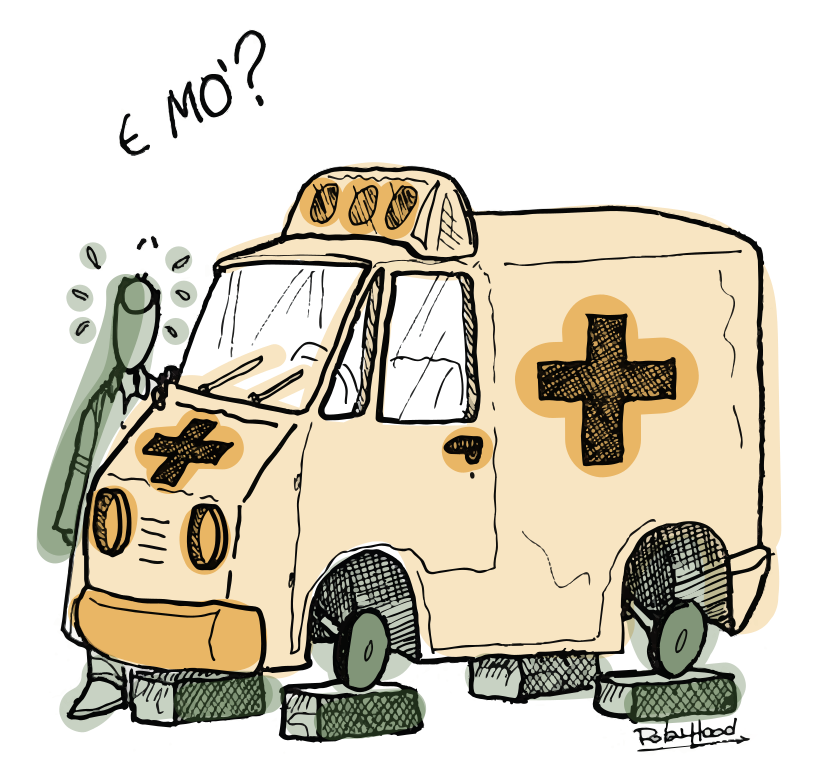 ambulanza rimasta senza ruote per i tagli alla sanità