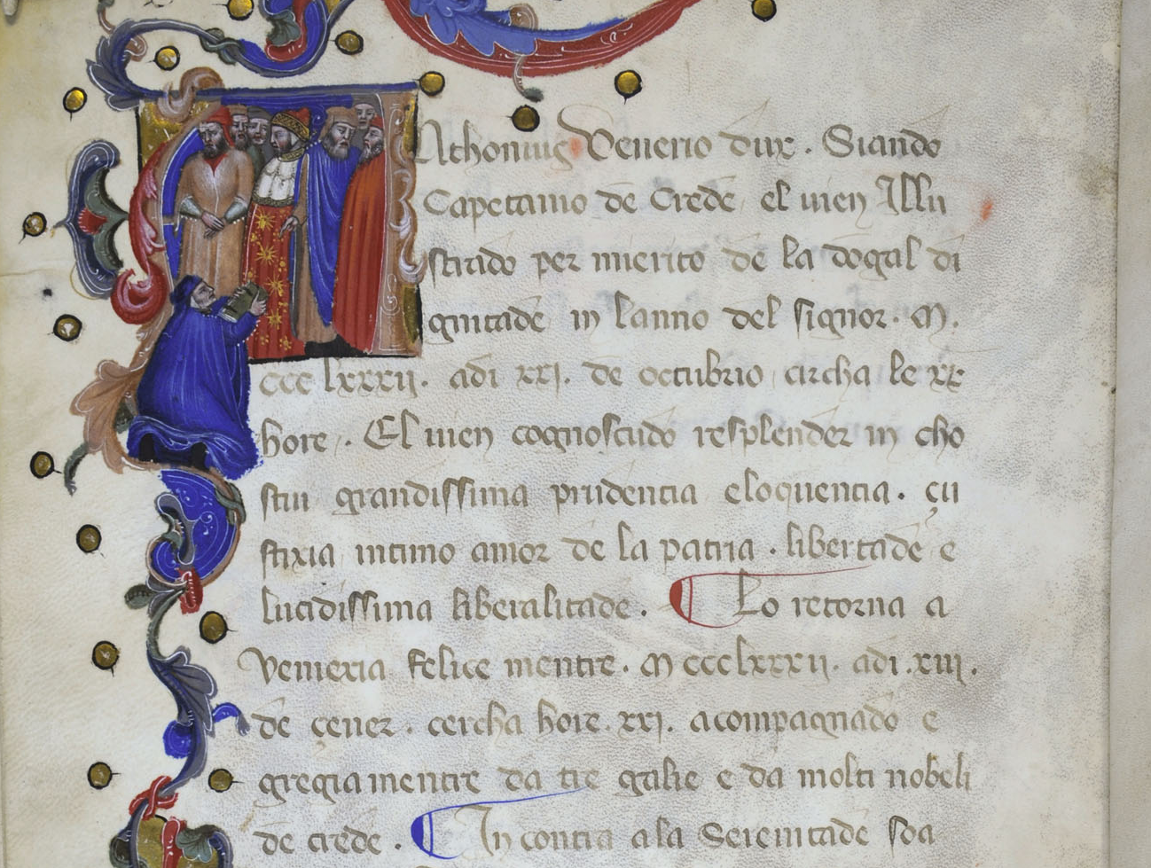 Part of the page of a medieval manuscript, with an initial showing the author handing the same work to the Venetian doge.