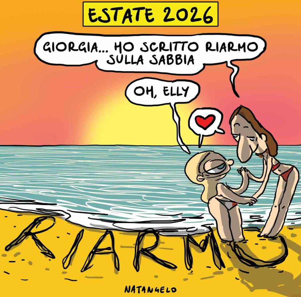 Nel disegno, Elly Schlein e Giorgia Meloni che si tengono per mano su una spiaggia al tramonto.
"Giorgia... ho scritto riarmo sulla sabbia", le dice la Schlein.
"Oh, Elly", risponde amorevolmente la Meloni.