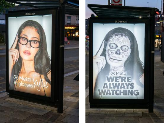 La campagna di attivismo britannica Everyone Hates Elon torna con una pubblicità lenticolare che prende di mira la campagna pubblicitaria di Kylie Jenner per gli occhiali Meta. (tutti i contenuti multimediali per gentile concessione di Everyone Hates Elon) La campagna di attivismo britannica Everyone Hates Elon torna con una pubblicità lenticolare che prende di mira la campagna pubblicitaria di Kylie Jenner per gli occhiali Meta. (tutti i contenuti multimediali per gentile concessione di Everyone Hates Elon)