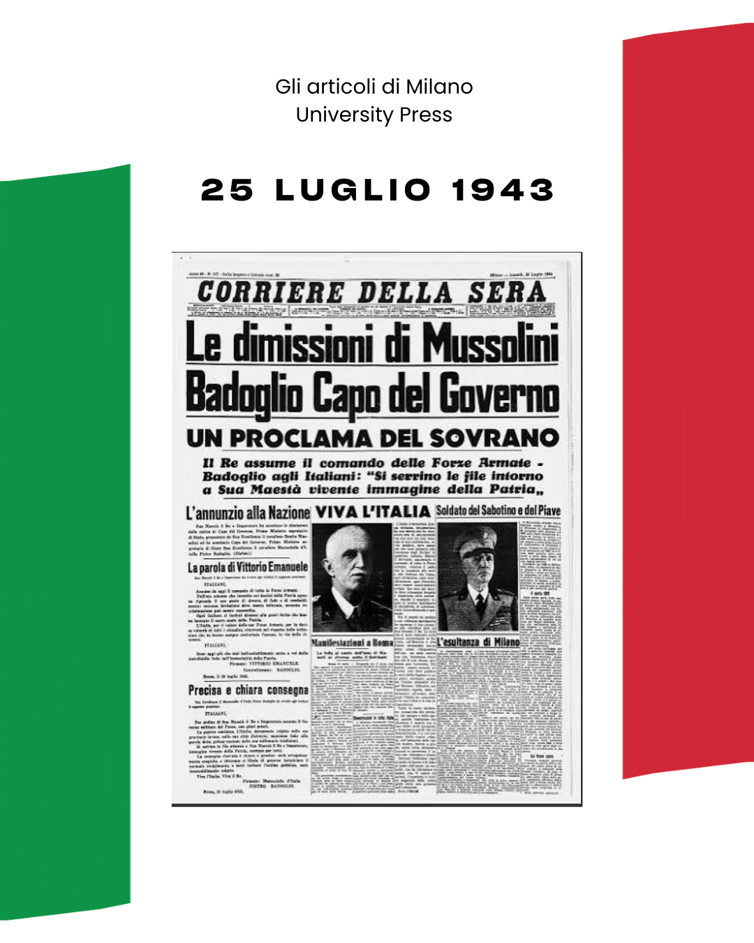 pagina di giornale d'epoca sulla caduta del fascismo con sfondo della bandiera italiana
