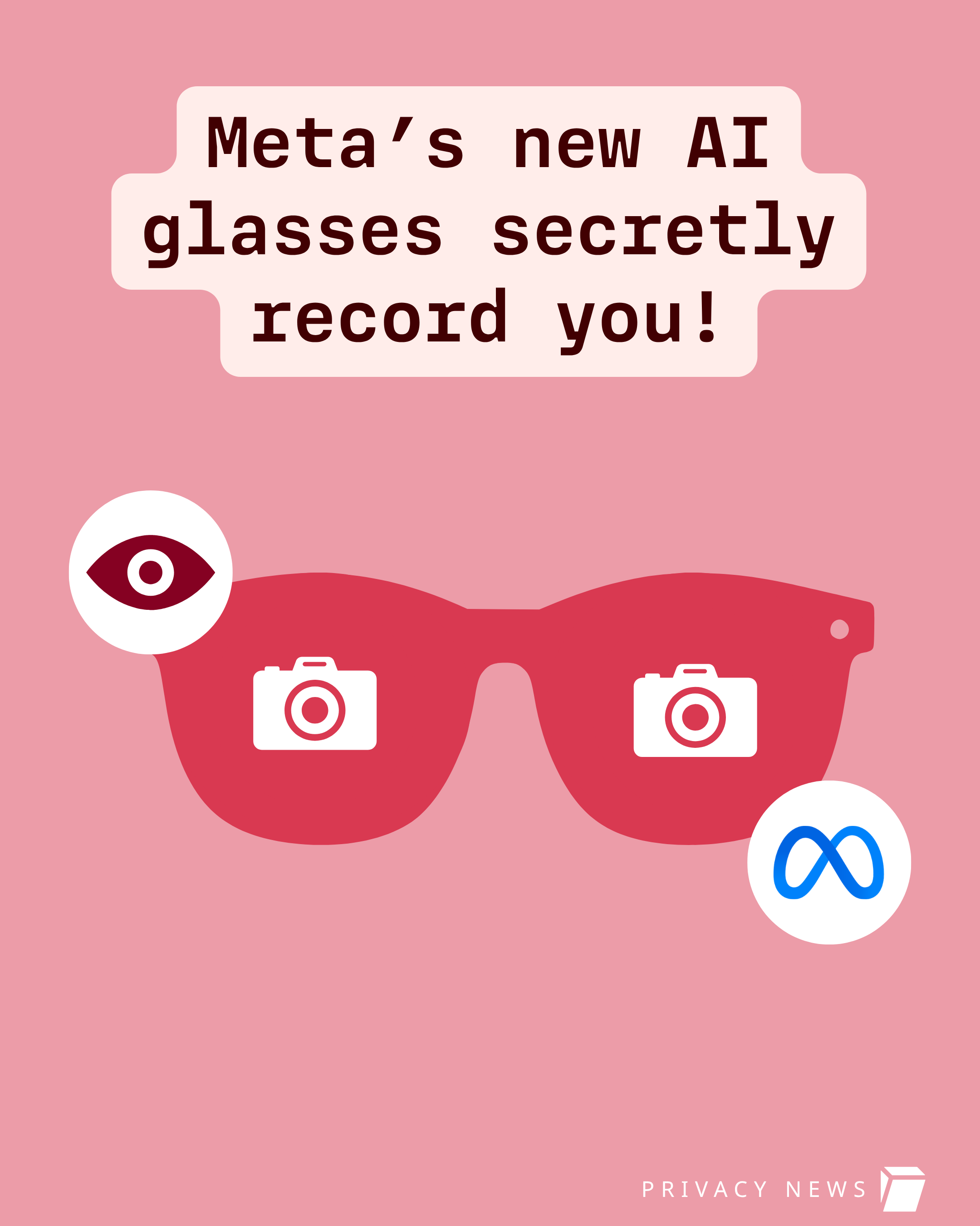 Un'infografica su sfondo rosa che presenta testo e un'illustrazione di occhiali. Nella parte superiore, un riquadro bianco con angoli arrotondati contiene il testo: "Meta's new AI glasses secretly record you!". Al centro, centro, un paio di occhiali rossi mostra l'icona di una fotocamera bianca su ciascuna lente. Sopra la lente sinistra è presente un cerchio bianco con un occhio rosso, mentre accanto alla lente destra si trova un cerchio blu con il logo Meta in bianco. In basso a destra compare la scritta "PRIVACY NEWS" accanto a un piccolo simbolo quadrato.