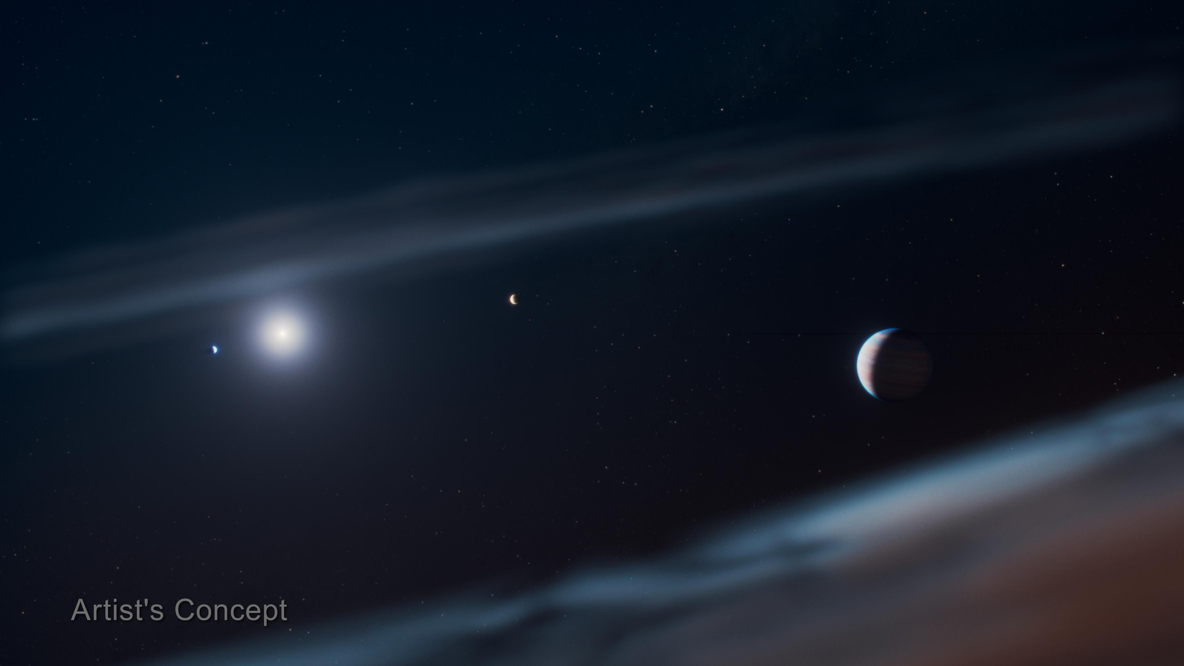 Questa rappresentazione artistica mostra il giovane sistema planetario di Beta Pictoris con l’esopianeta gigante appena scoperto, Beta Pictoris d, sulla destra. Beta Pictoris c orbita più vicino alla stella (a sinistra in questa rappresentazione artistica), Beta Pictoris b segue su un'orbita più ampia, mentre il neo-scoperto Beta Pictoris d si trova più lontano, appena all'interno del bordo interno del disco di detriti. In questa rappresentazione artistica, i pianeti sono raffigurati alle loro corrette distanze orbitali relative, ma i pianeti stessi sono stati ingranditi e non sono in scala rispetto alle loro orbite.