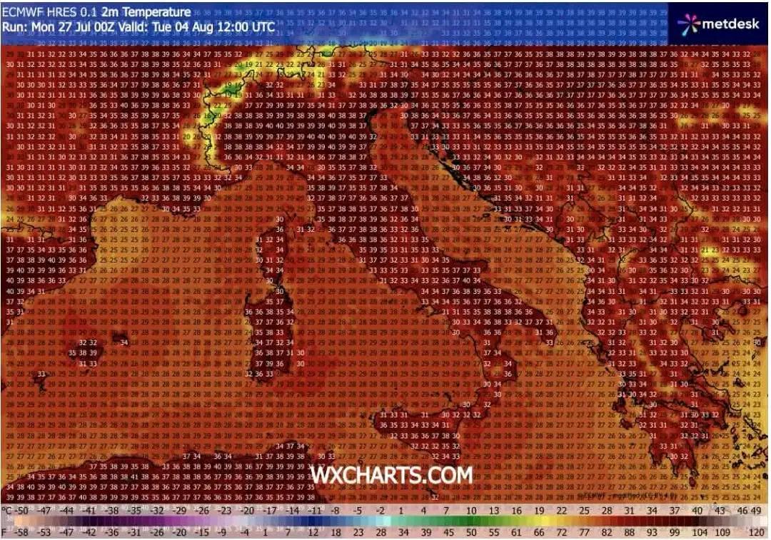 Mappa con le indicazioni di temperatura previste sull'Italia nei prossimi giorni.