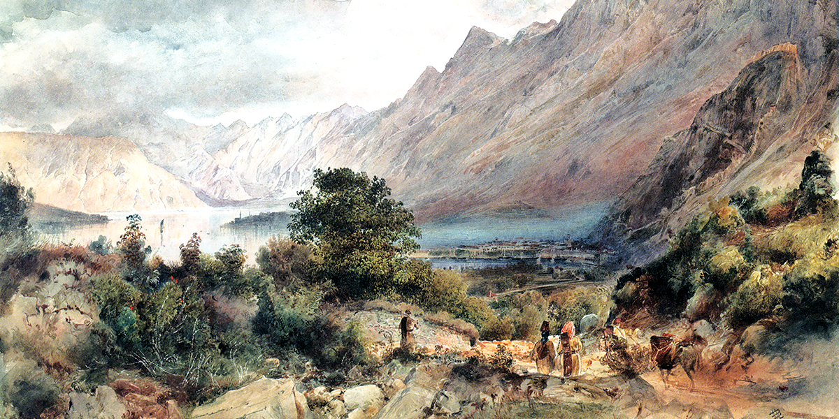 Dipinto che ci mostra la baia di Cattaro. Alte e brulle montagne circondano uno stretto golfo, cui si arriva da una mulattiera sulla destra, percorsa da alcuni cavalieri