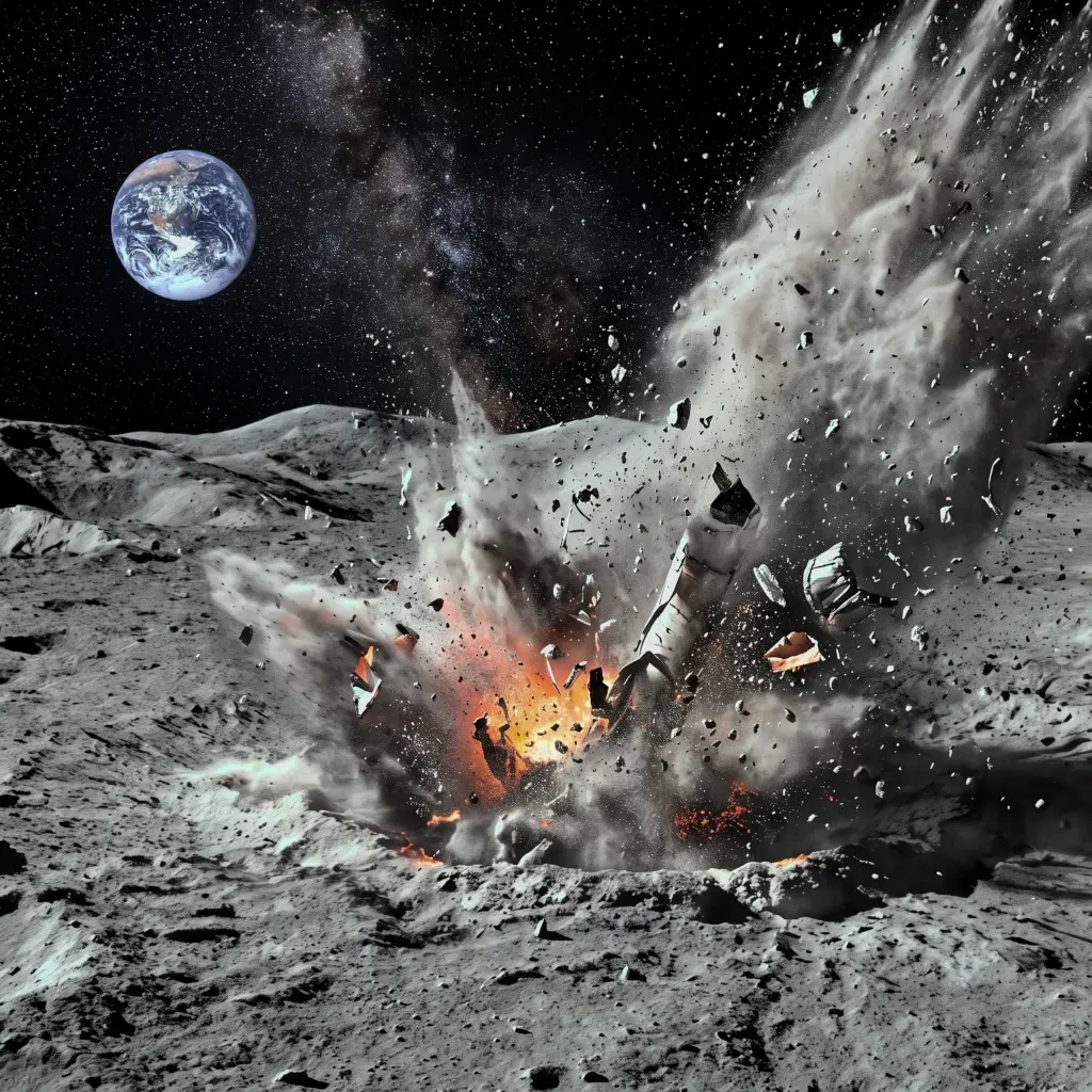 impatto del falcon 9 sulla luna con l'alzarsi dei detriti lunari