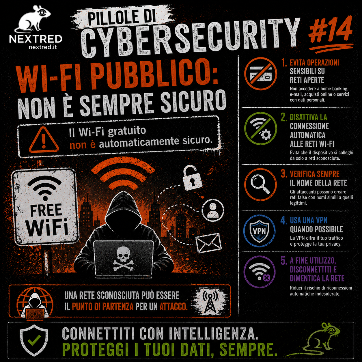 Infografica quadrata in stile urban/grunge, con sfondo nero e texture effetto vernice, dettagli arancioni, bianchi e verdi e logo originale NextRed in alto a sinistra. Titolo: “Pillole di Cybersecurity #14 — Wi-Fi pubblico: non è sempre sicuro”.

Al centro sono raffigurati una rete Wi-Fi pubblica, un cartello “FREE WiFi” e un computer utilizzato da un attaccante, con icone che rappresentano intercettazione di dati, account ed email.

A destra sono elencati cinque consigli: evitare operazioni sensibili sulle reti aperte, disattivare la connessione automatica, verificare sempre il nome della rete, utilizzare una VPN quando possibile e disconnettersi e dimenticare la rete al termine.

In basso il messaggio: “Connettiti con intelligenza. Proteggi i tuoi dati, sempre.”