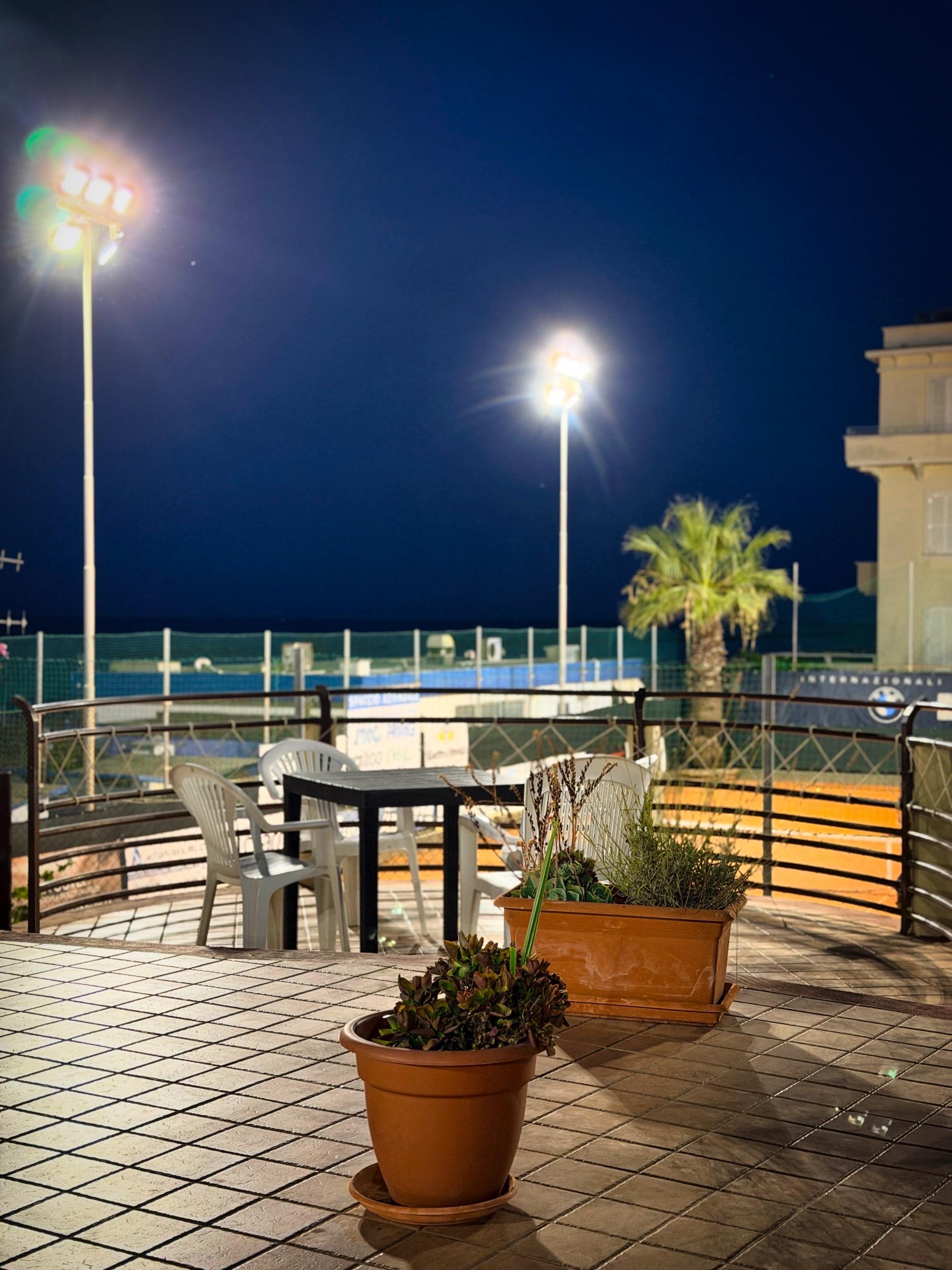 Terrazza con pianta in vaso di terracotta, sedie di plastica, illuminazione notturna e cielo scuro con palmizi sullo sfondo.