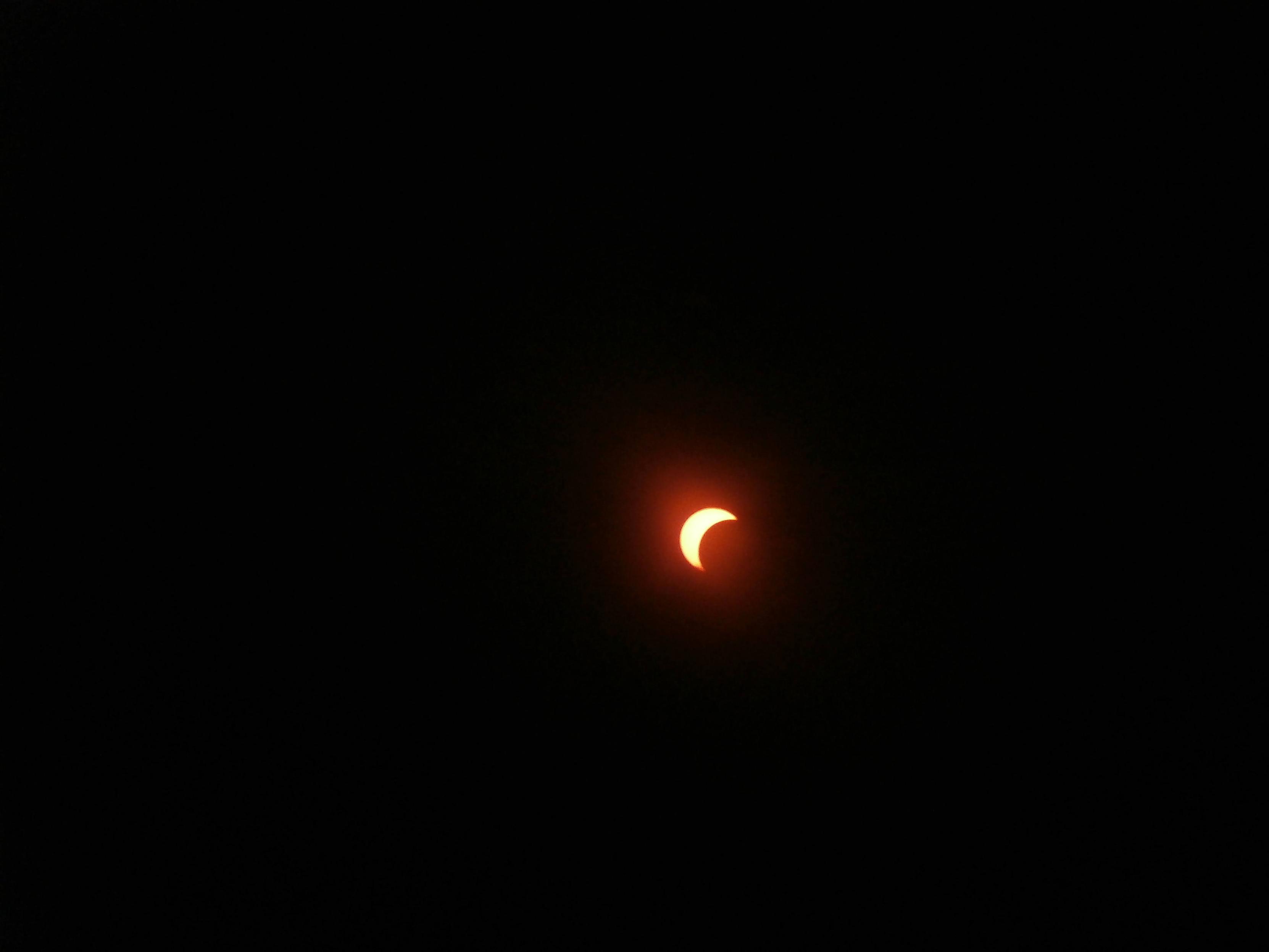 Eclisse!!
Lo spicchio di sole visibile è di un arancione molto intenso. In parte è già coperto dalla luna.