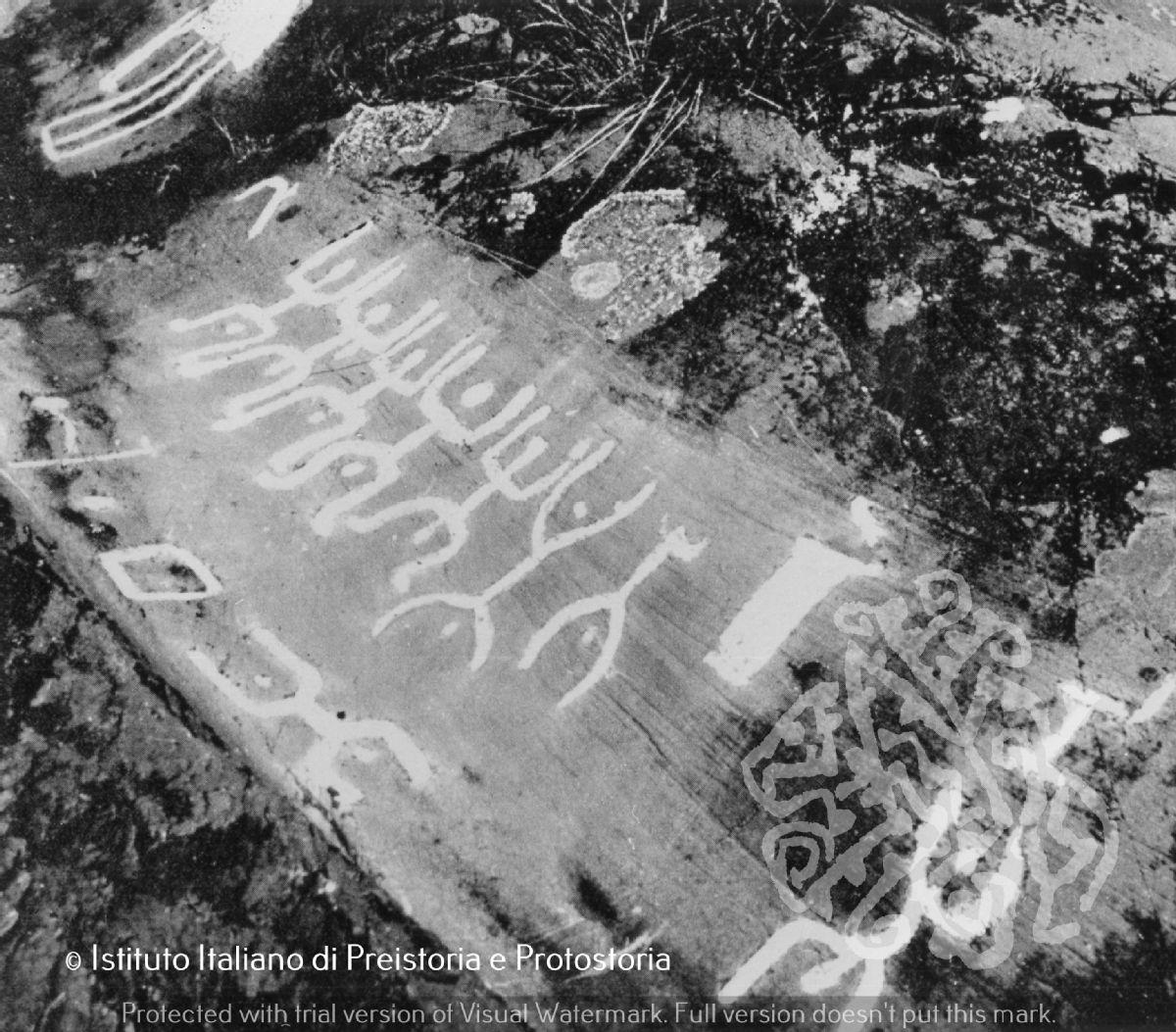 Capo di Ponte, Naquane: oranti femminili e palette, roccia 32 ph. s.d. Incisioni dell'età del Bronzo trattate con una sostanza bianca per aumentarne la visibilità. Fila di oranti schematici femminili (distinti dagli oranti maschili grazie all'incisione coppellare tra le gambe) sulla roccia 32. Poco sotto, una delle figure appare sdraiata in una canaletta di origine glaciale. Sul medesimo pannello, sulla destra, incisioni di palette. In fondo, raffigurazione di una capanna.
