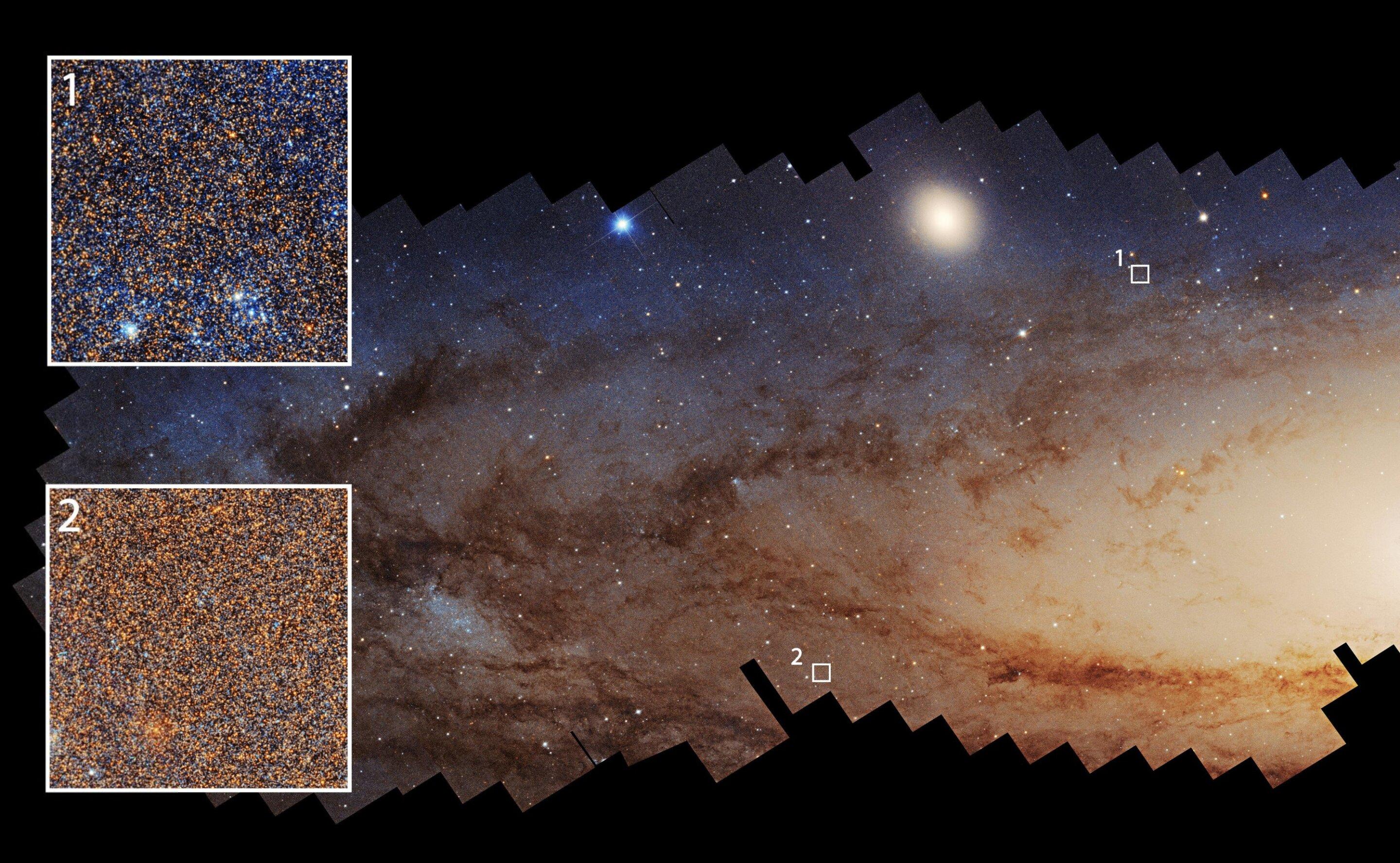 Il telescopio spaziale Hubble della NASA ha fornito una vista dettagliata di milioni di stelle nella galassia di Andromeda. Le regioni che hanno vissuto una formazione stellare recente (1) appaiono significativamente più blu rispetto alle regioni con una formazione stellare meno recente (2).