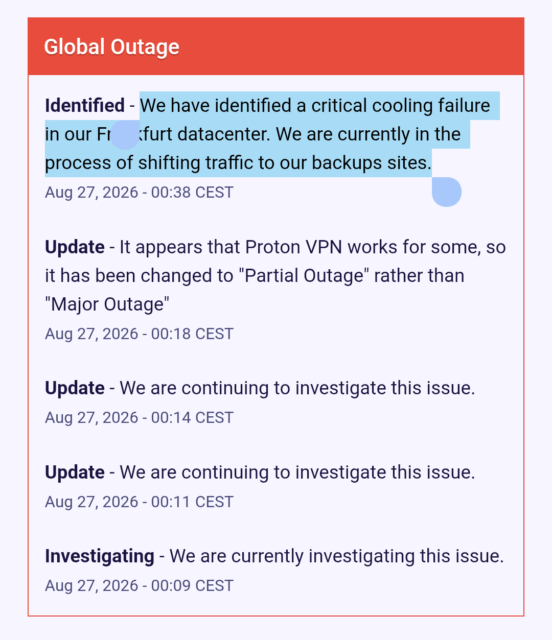 update incident status: We have identified a critical cooling failure in our Frankfurt datacenter. We are currently in the process of shifting traffic to our backups sites.