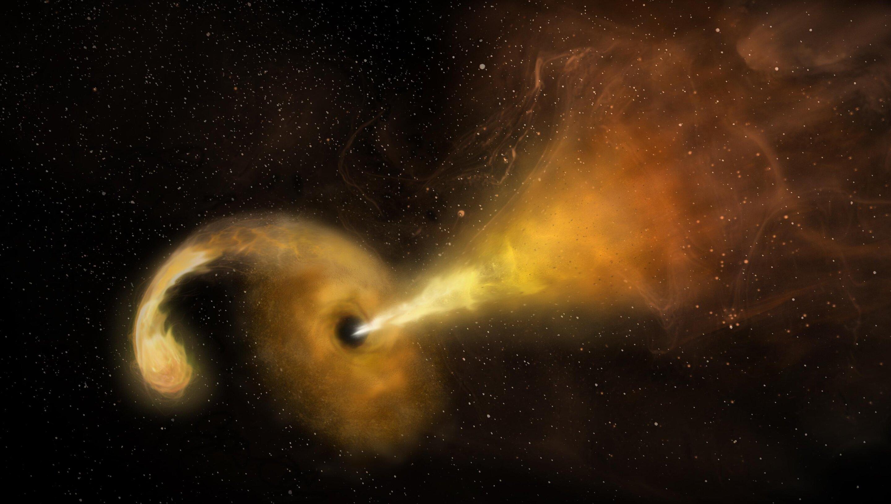 Questo concetto artistico visualizza un evento di rottura mareale (tidal disruption event), che si verifica quando una stella passa fatalmente vicina a un buco nero supermassiccio. I frammenti della stella che si frantuma si riscaldano mentre ruotano attorno al buco nero, creando un bagliore che gli astronomi possono vedere da remote distanze del cosmo, mentre il buco nero lancia un getto relativistico nello spazio.