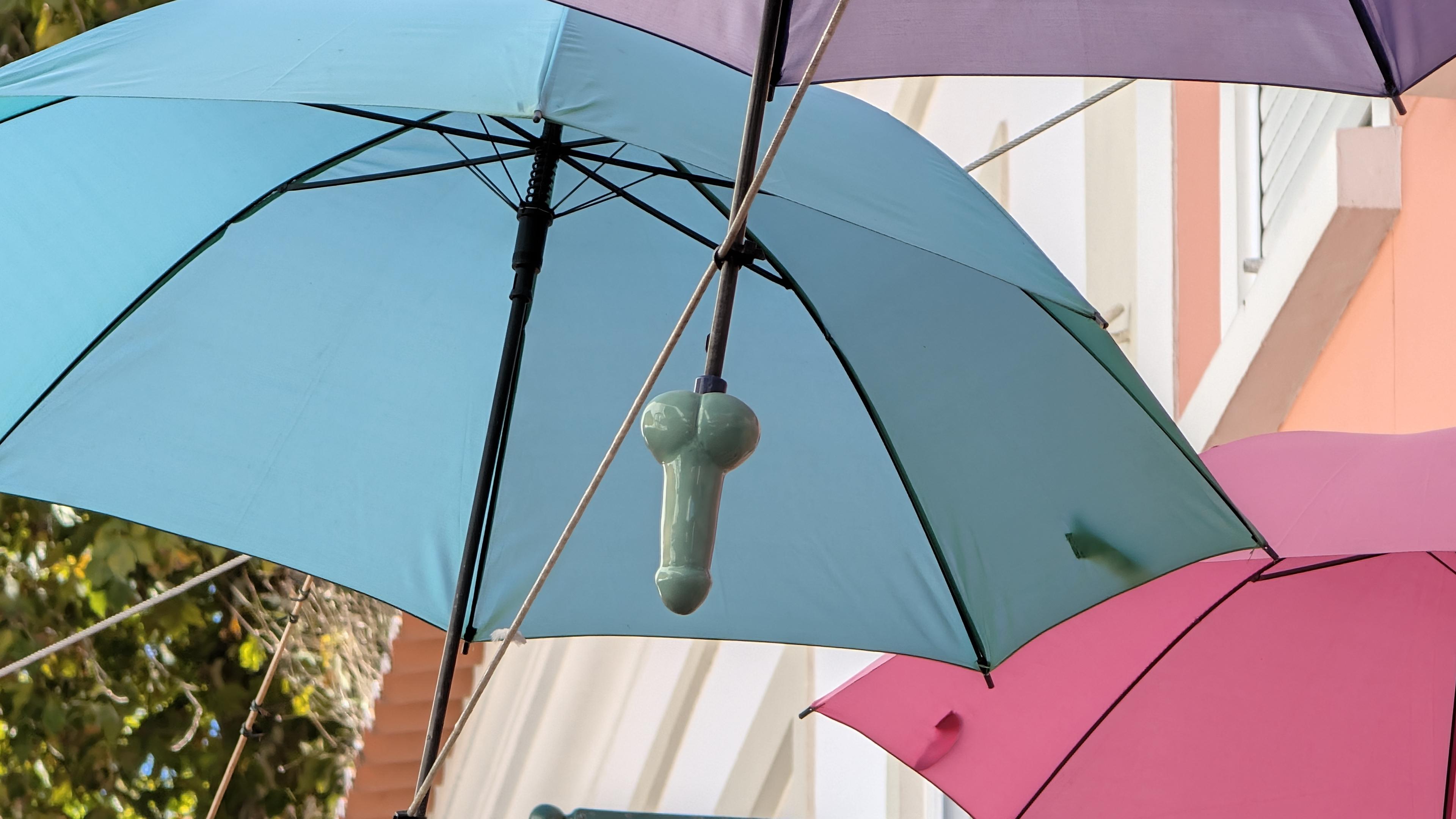 Un ombrello col manico a forma di pene