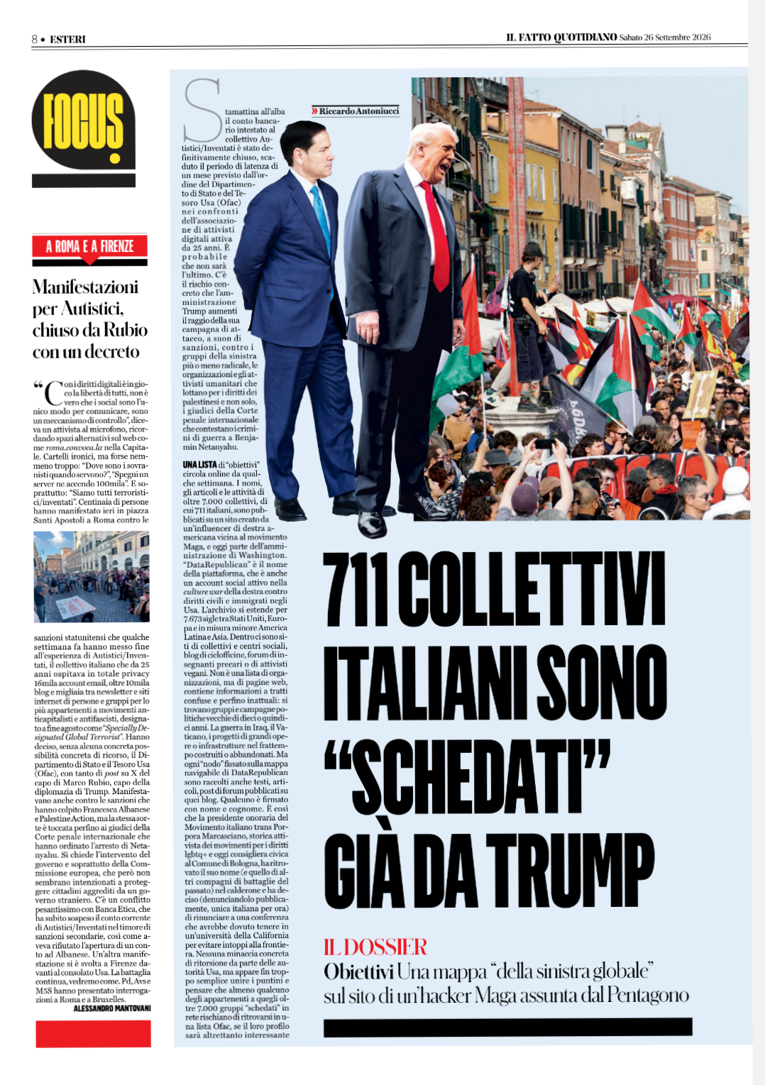 prima parte dell' articolo "711 collettivi italiani sono già schedati da trump"