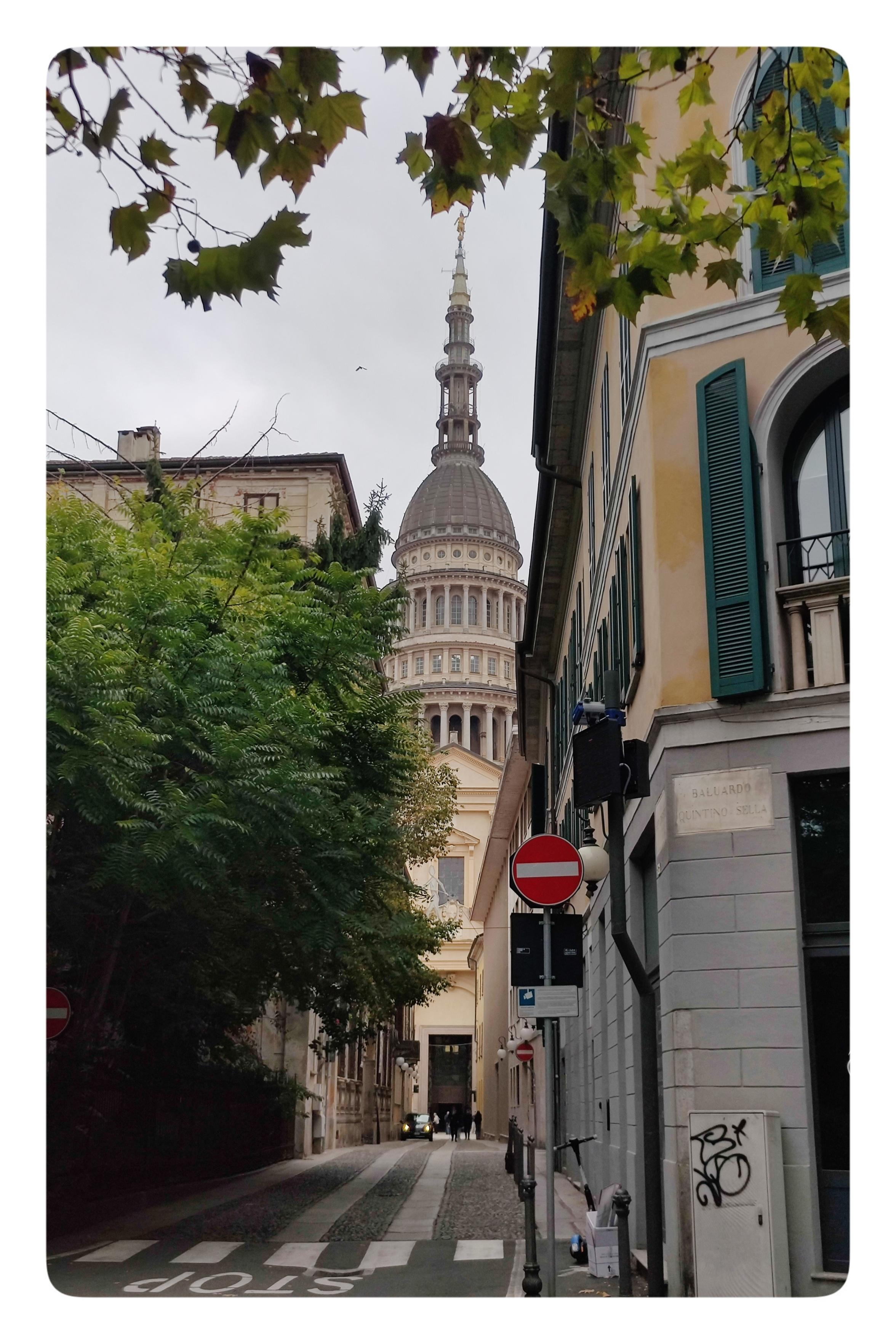 Città di Novara, la cupola antonelliana.
Stretto vicolo, circondato ai lati da un palazzo signorile e da un'alta siepe. Al centro, la prospettiva forza verso la grande cupola antonelliana. La cupola ha una forma peculiare, é molto slanciata verso l'alto. Le colonne che segnano i vari livelli aumentano il senso di altezza. Sulla sommità, la guglia accompagna fino alla Madonna che la sovrasta.